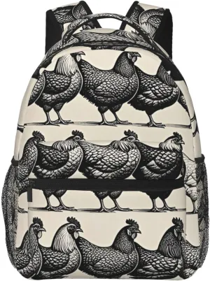 Walking Cycling Women Men Polyester Chicken Rooster Black Art Casual Daypack Large Capacity enjoyable swamp blizzard promise Bookbag With Side Pockets for Sports Picnic 