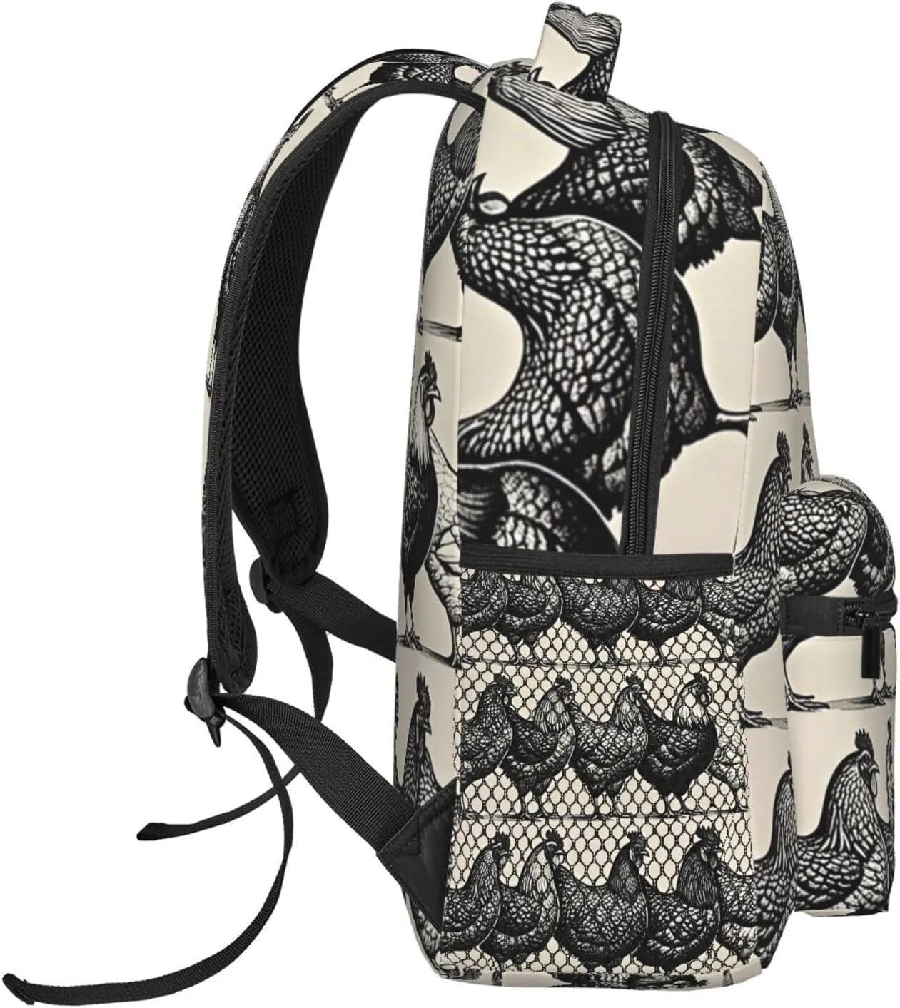 Walking Cycling Women Men Polyester Chicken Rooster Black Art Casual Daypack Large Capacity enjoyable swamp blizzard promise Bookbag With Side Pockets for Sports Picnic 