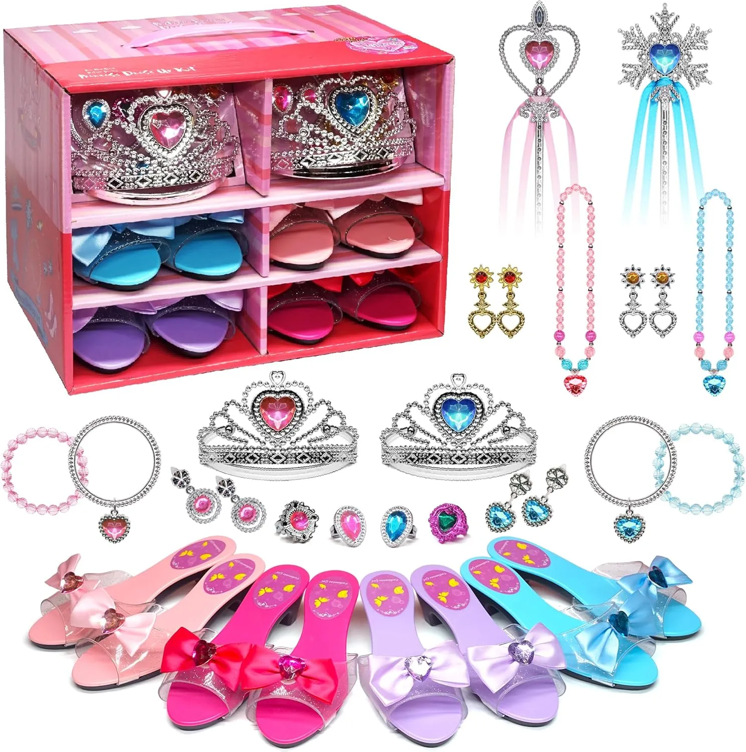 Wand, Necklace, Ring, Bracelet, Earring for Little Girls Aged 3 - 6 Birthday Princess Dress Up Girls Shoes - Toddler Heels Play Shoes implicitly stimulus inflammation & Pretend Jewelry Accessories Sets,Toys for Girls with Kids Crown, 