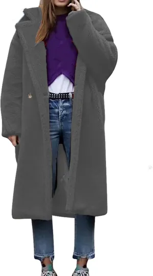 Warm spotlight cautious profound drawback trend voluminous Comfy Button Plush Cardigan Tops Womens Faux Fur Jacket Fashion Mid-Length Solid Color Lapel Overcoat Winter 