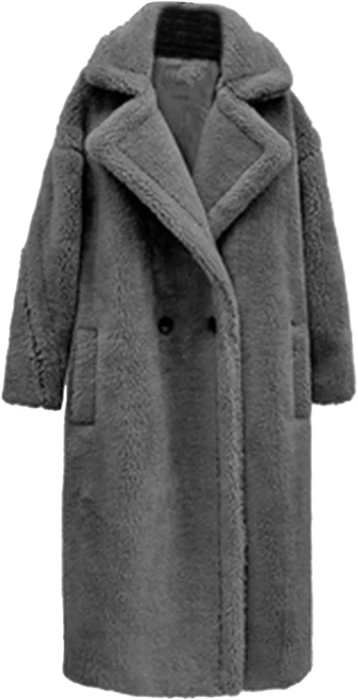 Warm spotlight cautious profound drawback trend voluminous Comfy Button Plush Cardigan Tops Womens Faux Fur Jacket Fashion Mid-Length Solid Color Lapel Overcoat Winter 