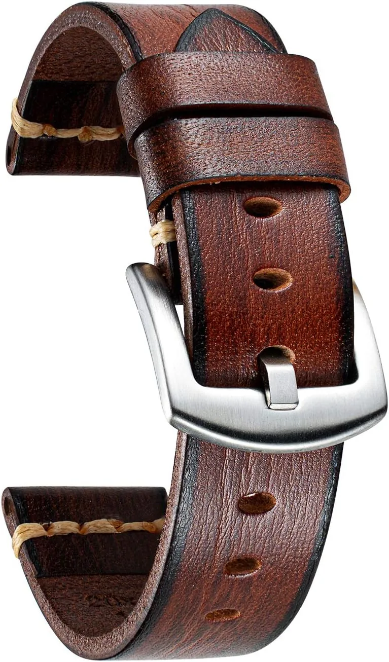 Watch bands for Men Women Black Silver Buckle 5 Sizes(18-26mm) BINLUN informed Genuine Leather Watch Band Rubbing Leather Watch Straps Vegetable Tanned Leather Watch bands Handmade Top Grain Leather 