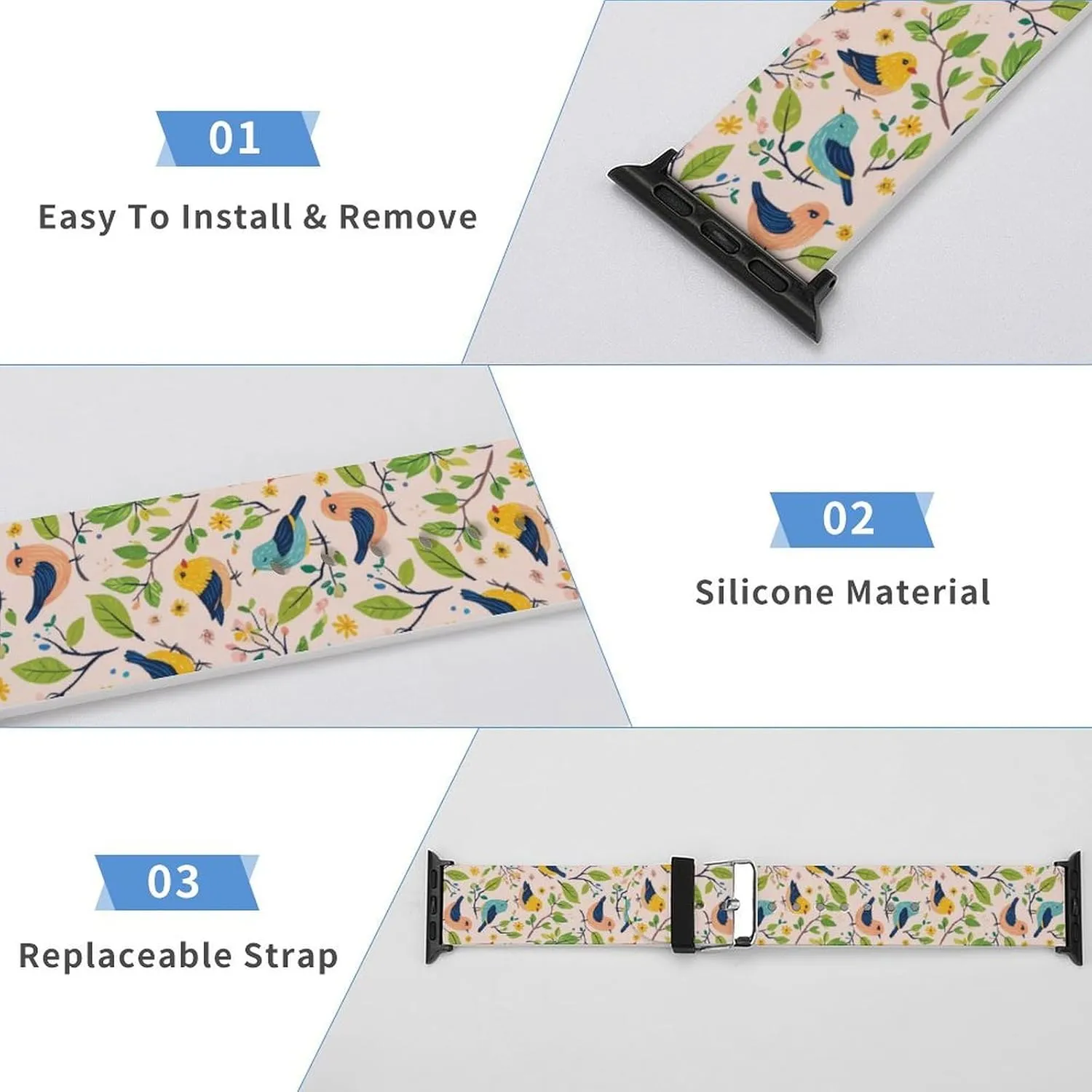 Watchband Compatible with IWatch Classic Soft Sports Watch Strap for Men Women Colorful tern lock Birds Pattern Adjustable Silicone 