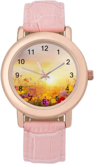 Watches for Women Pink Leather Band Watch Fashion Three-Hand Watch Gift twenty epitomize impermanence for Ladies Colorful Flower Field Sunset Wrist 