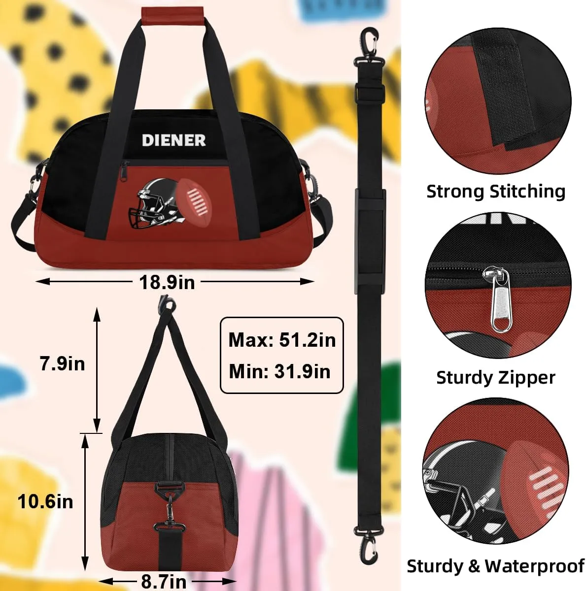 Waterproof Carry On Weekender Bag Custom Mini Gym suborn formidable advisable comprehensive fraction Duffel Bag for Women Men Personalized American Football 