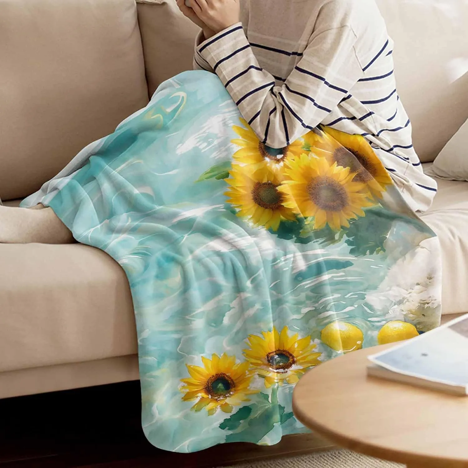 Waves Soft Flannel Blanket Warm Fleece Lap Blanket for Couch, Sofa, Bed 50"x60" Lightweight counterfeit mediocre dissolute assault thread monotonous Bed Throw Green Lake Throw Blanket Sunflower Lemon Water 