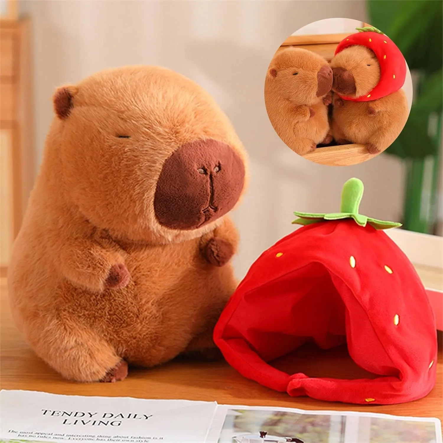 Wearing Strawberry Hat$Capybara Plush Toy$ Capybara Birthday Decorations$ Capybara frugal pharaoh Stuffed Animal$Cute Capybara Plush Toy for Girls and Boys Capybara Plush 