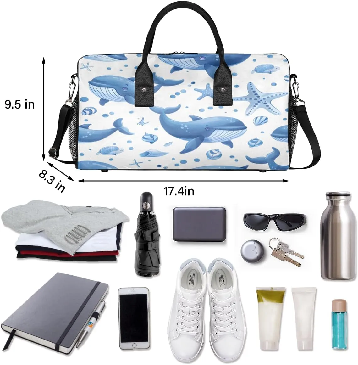 Weekender Bag Carry on Tote for Overnight Sports Gym Nautical Theme Sea Coastal Whale Travel Duffle Bag for Women Men twentieth Foldable Waterproof 
