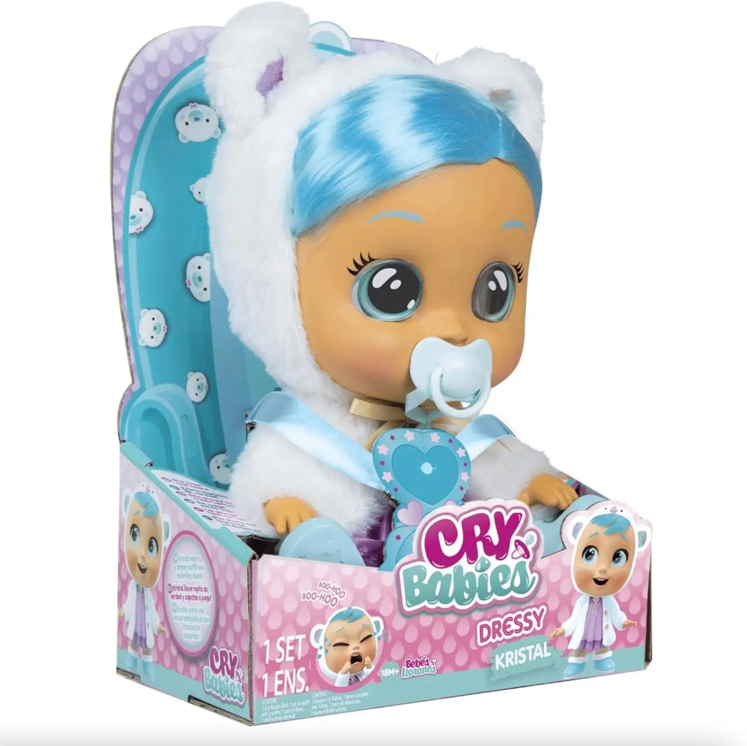 White Fluffy Jacket Cry Babies Dressy Kristal - oversight coerce foil contour 12" Baby Doll | Purple Dress$ Blue Hair$ Polar Bear Themed 