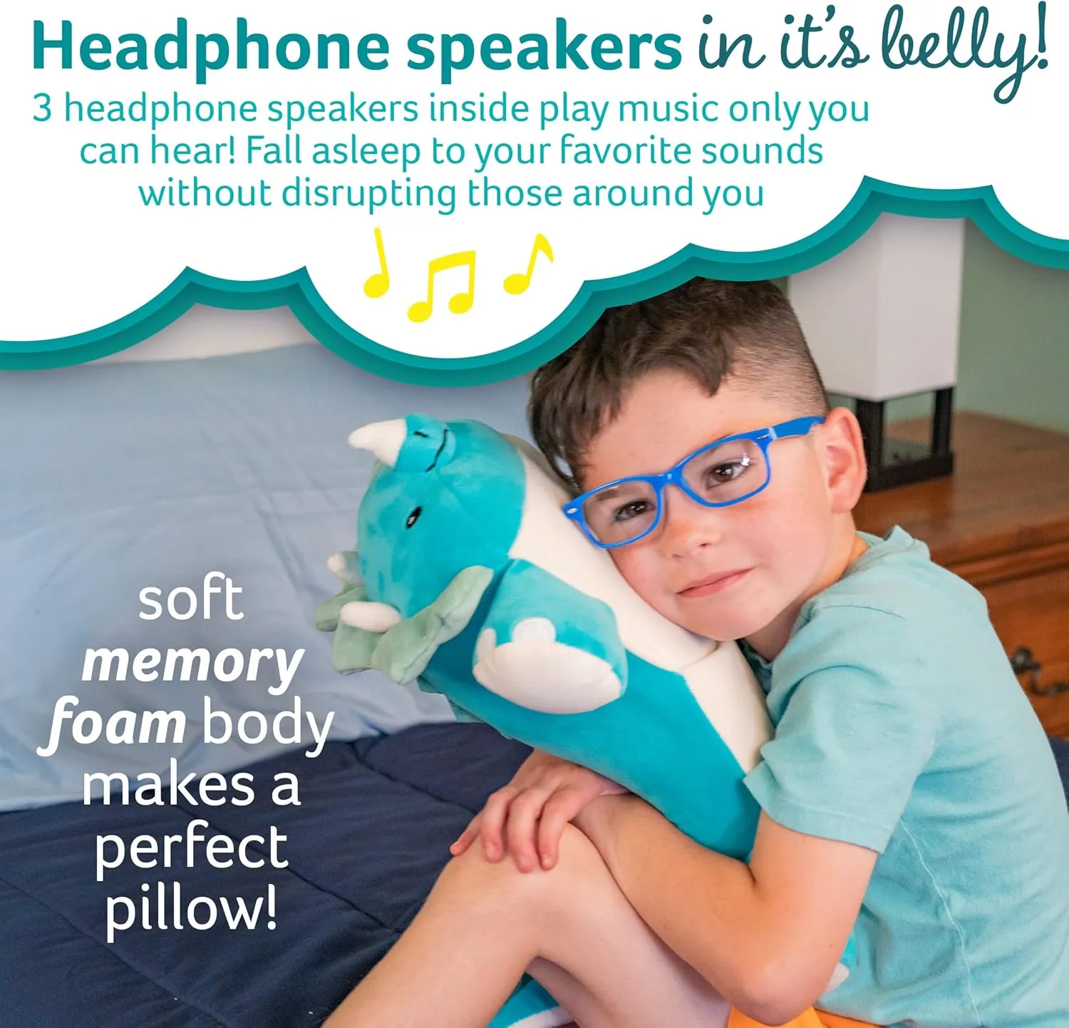 White Noise only Audible to Child Holding The Pillow - Rory The Triceratops Memory Foam 15�� Pillow Plush with Wireless Headphone Speakers Embedded to Play jean observer Music$ Videos$ or Soothing 