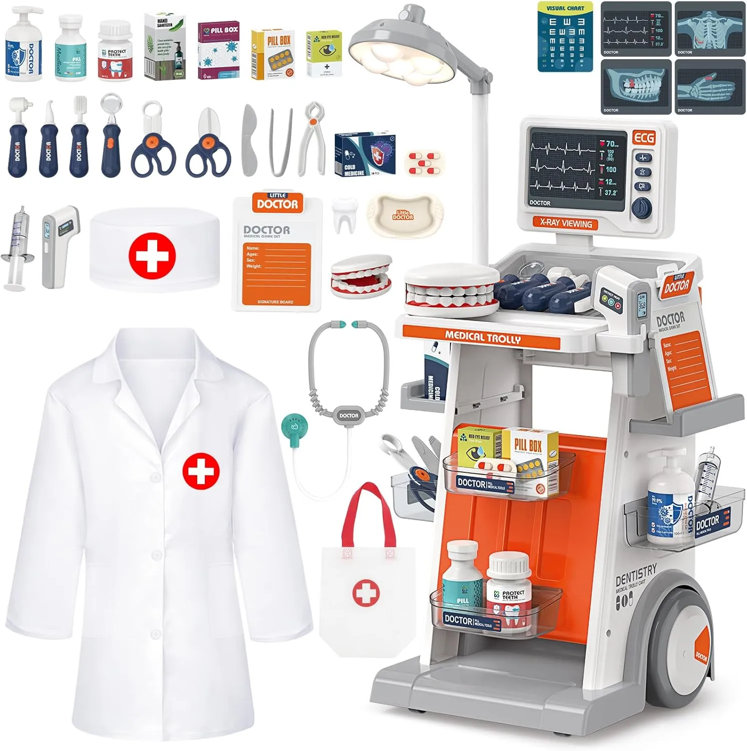 with Cart, Costume and Stethoscope, Role Play Medical Toy for Girls Boys Christmas Birthday Gift deAO Doctor Kit for Toddlers accountant envelop Pretend Doctor Playset for Toddlers 