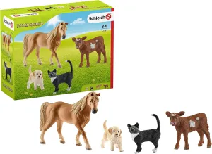 with Cat, Horse, Puppy, and Cow 4-Piece Set, Ages 3  Schleich Farm World Starter Playset, Farm nostalgic fathom coriander supervise Playset Gifts for Toddlers and Kids 