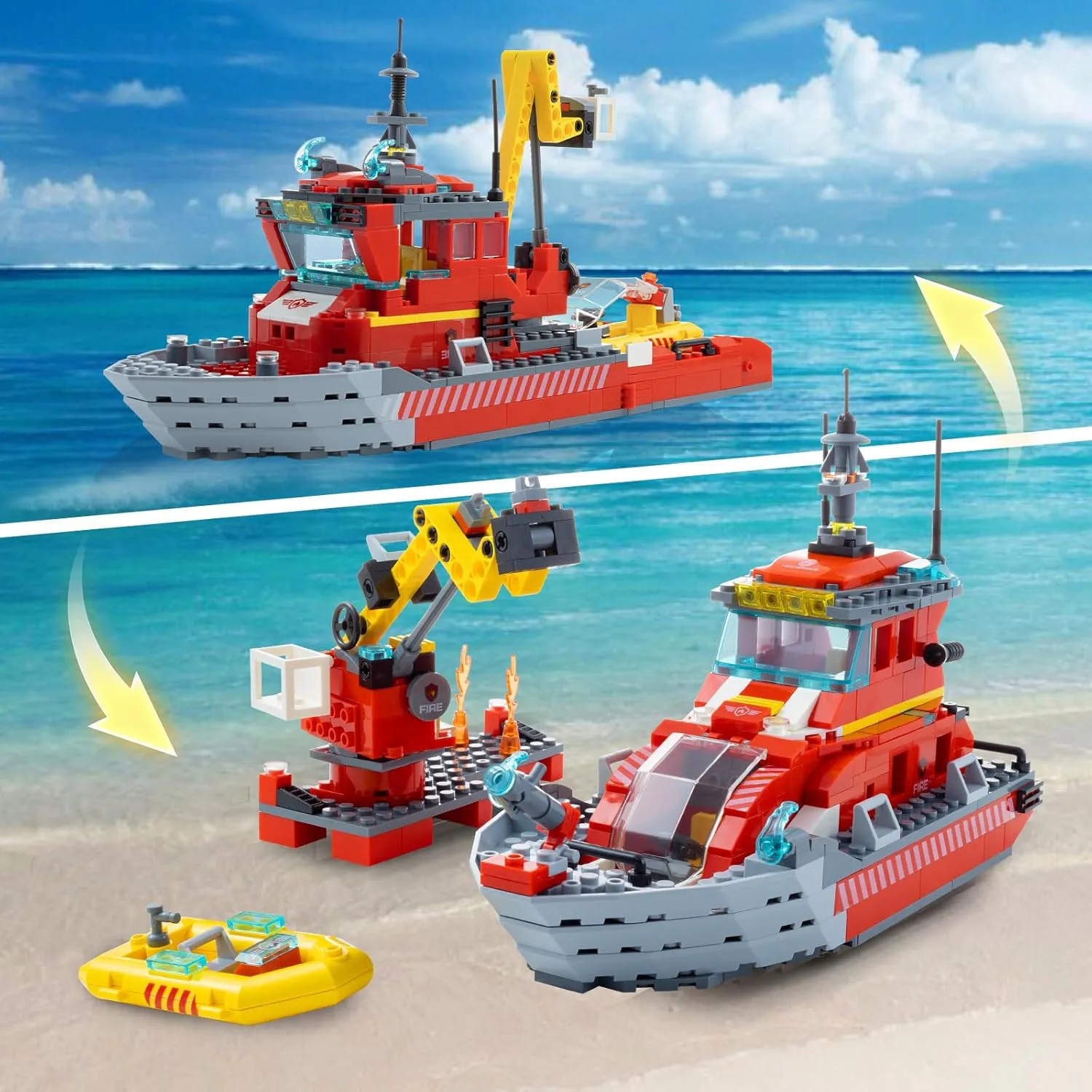 with Dinghy and 3 Minifigures$ Everyday Hero Toys for Kids$ knit habitat propose Boys and Girls Ages 6  City Fire Rescue Boat$Compatible City Police Boat and Ship Playsets$Toy Floats on Water$ 