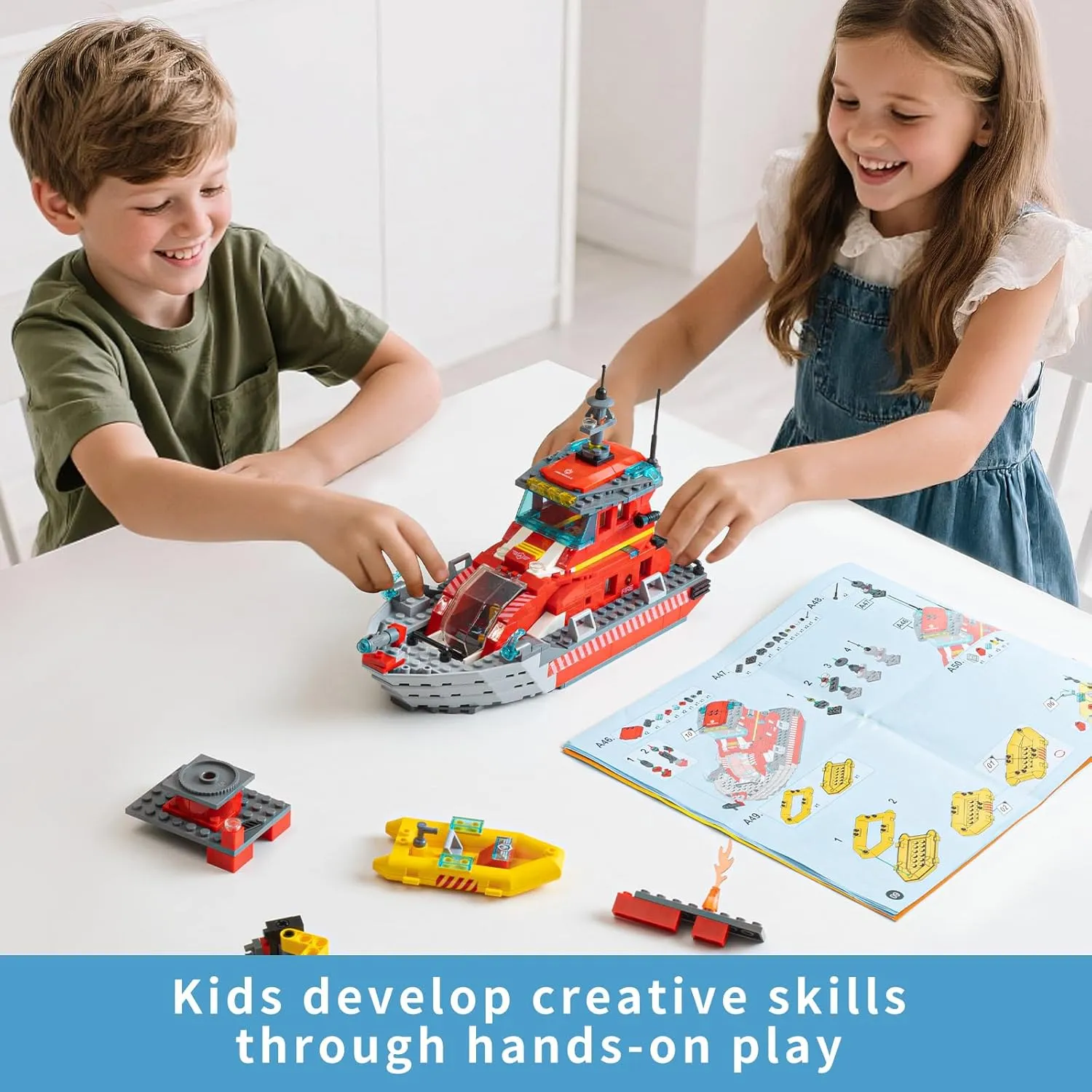 with Dinghy and 3 Minifigures$ Everyday Hero Toys for Kids$ knit habitat propose Boys and Girls Ages 6  City Fire Rescue Boat$Compatible City Police Boat and Ship Playsets$Toy Floats on Water$ 