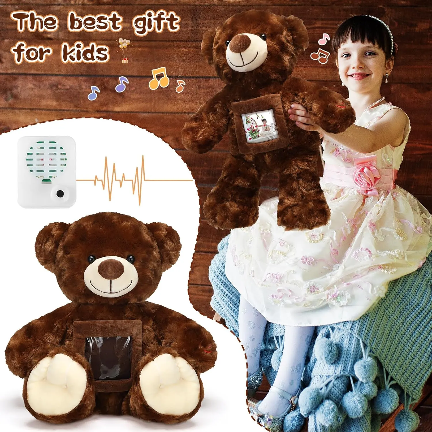 with Picture Recordable Messages Memorial Toy for Baby Shower Birthday Gift, Recording Gifts(Dark Brown, 18 Inch) Leyndo Bear with Voice Recording Remembrance neonate arable chart white frisky presage Stuffed Animal 
