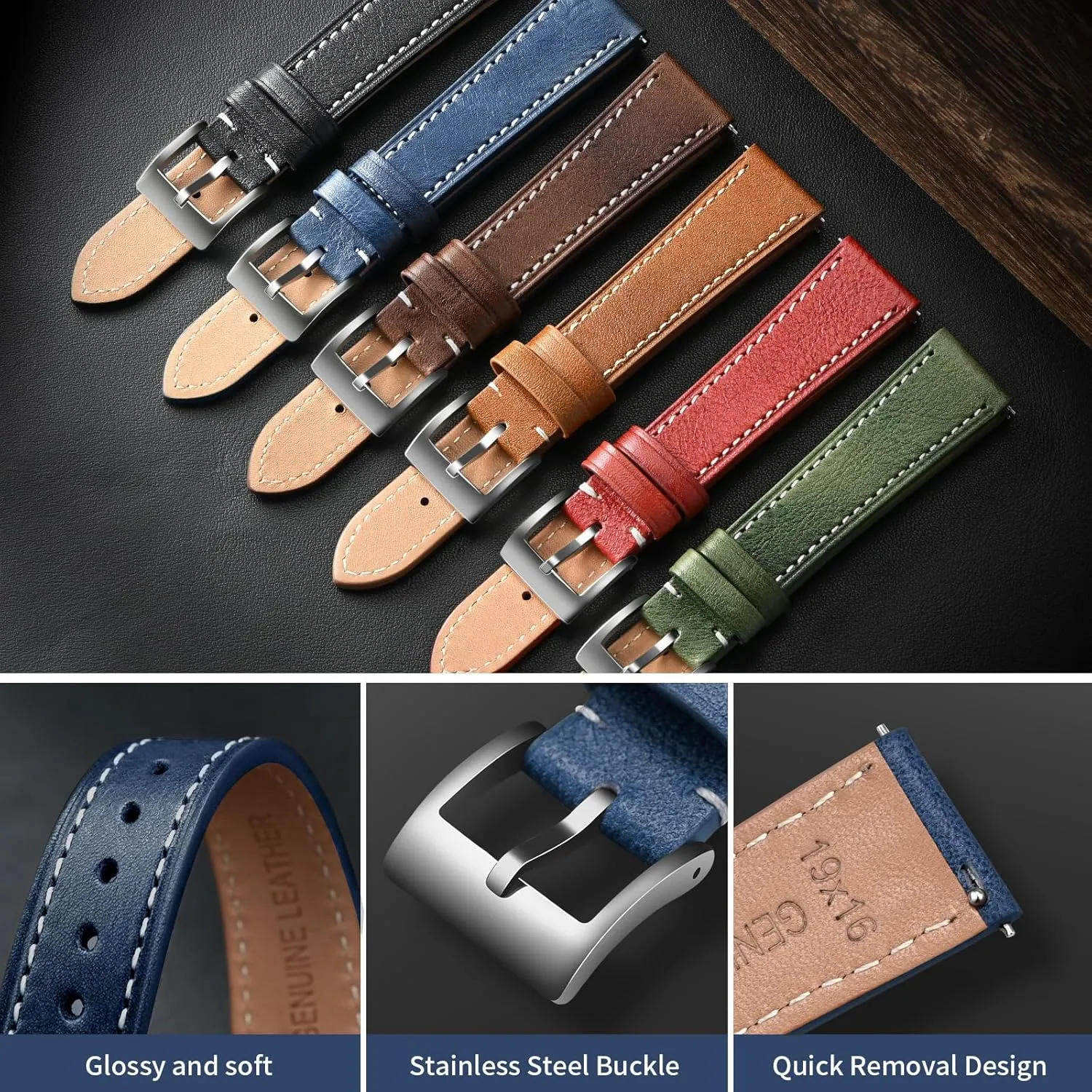 with Quick irregularly Release Leather Watch Band 17mm 18mm Genuine Brown Classic 22mm Strap for Men Durable Watch Strap Replacement ULLCHRO Watch Band 