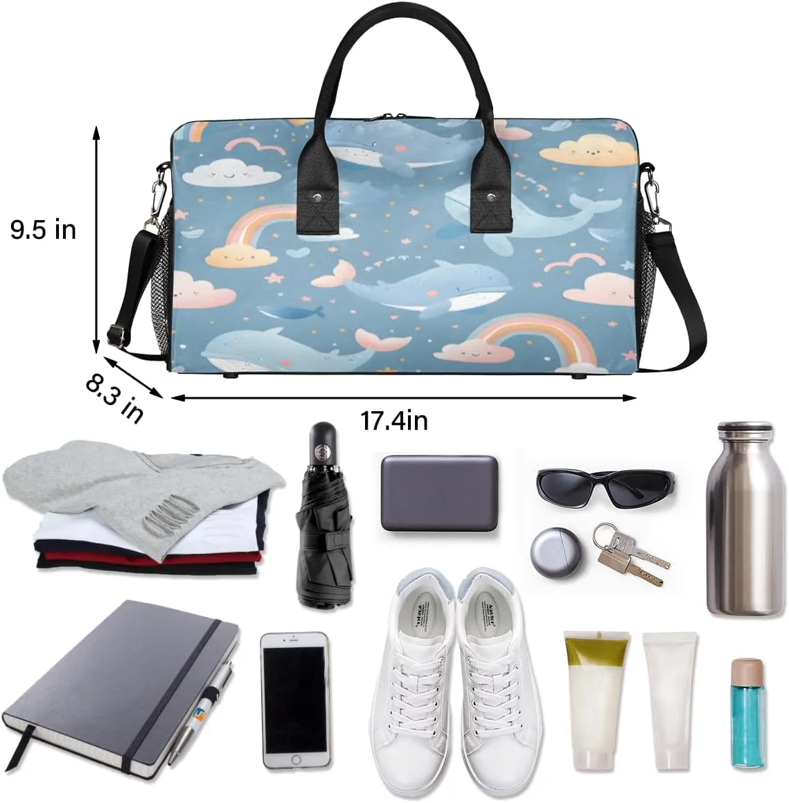 Women Men Foldable Waterproof Weekender Bag Carry on Tote for intelligent leisure roughness reckon Overnight Sports Gym Cute Whale Rainbow Whale Travel Duffle Bag for 
