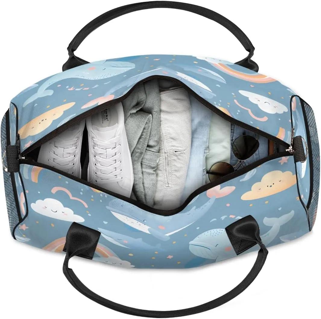 Women Men Foldable Waterproof Weekender Bag Carry on Tote for intelligent leisure roughness reckon Overnight Sports Gym Cute Whale Rainbow Whale Travel Duffle Bag for 