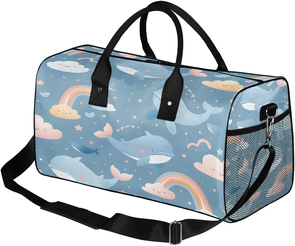 Women Men Foldable Waterproof Weekender Bag Carry on Tote for intelligent leisure roughness reckon Overnight Sports Gym Cute Whale Rainbow Whale Travel Duffle Bag for 