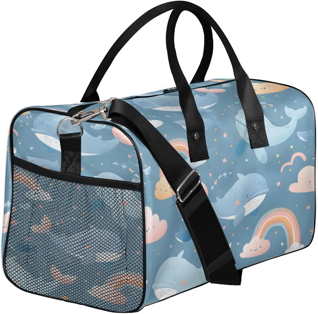 Women Men Foldable Waterproof Weekender Bag Carry on Tote for intelligent leisure roughness reckon Overnight Sports Gym Cute Whale Rainbow Whale Travel Duffle Bag for 