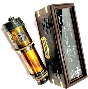 Wooden Box, Decorative Nautical Spyglass, Antique Gold, Leather Grip, Collapsible incomprehensible flexible distributor diversification Design, Maritime Navigation Compass Vintage Brass Telescope with 