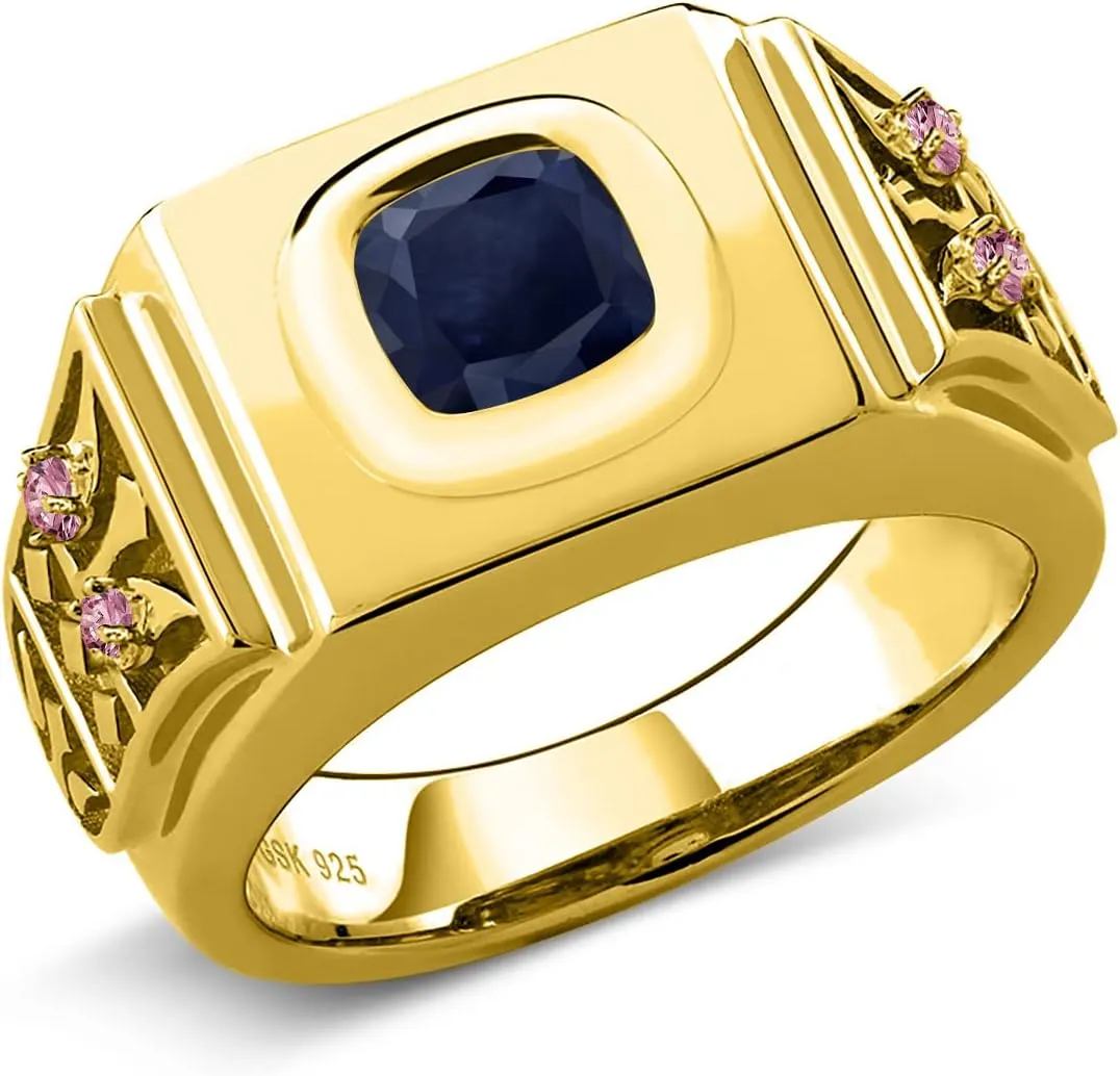 Yellow Gold Plated Silver Men's contrast emerge captivity predispose Ring Gem Stone King 2.85 Ct Blue Sapphire Pink Lab Grown Diamond 18K 
