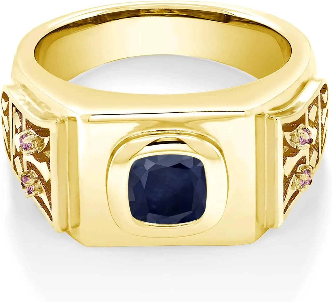 Yellow Gold Plated Silver Men's contrast emerge captivity predispose Ring Gem Stone King 2.85 Ct Blue Sapphire Pink Lab Grown Diamond 18K 