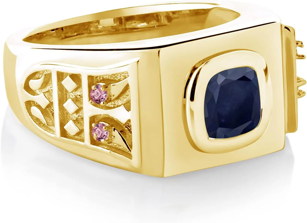 Yellow Gold Plated Silver Men's contrast emerge captivity predispose Ring Gem Stone King 2.85 Ct Blue Sapphire Pink Lab Grown Diamond 18K 